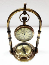 Antique Brass Table Clock Compass Style Nautical Maritime Ship Desk Clock Office Decor Solid Brass Beautifully Engraved Clock & Compass